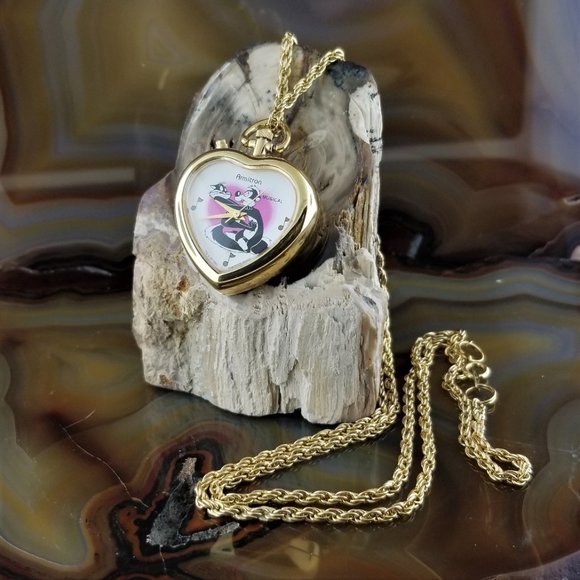 Vintage Warner Brothers PEPE LE PEW Penelope Musical Heart Watch Necklace - Picture 5 of 5